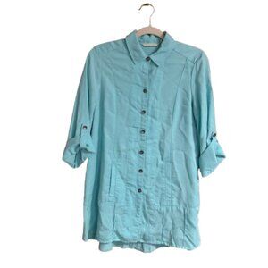 Soft Surroundings Small Aqua Roll Tab Long Sleeve Button Down Tunic Top EUC